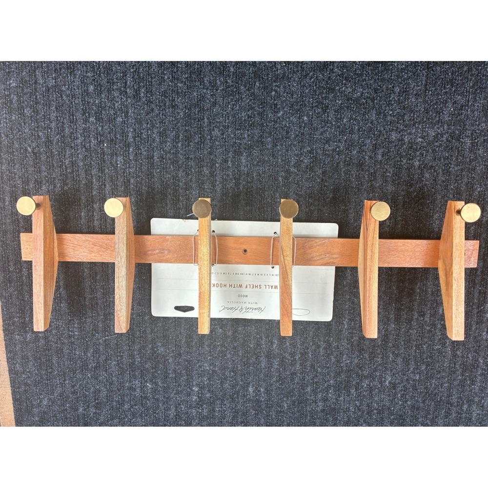 Hearth & Hand Magnolia Wood Wall Shelf with 6 Brass Hooks Mid Century Modern26in